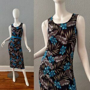 Vintage 90s Blue Hawaiian Floral Rayon Wiggle Midi Dress S